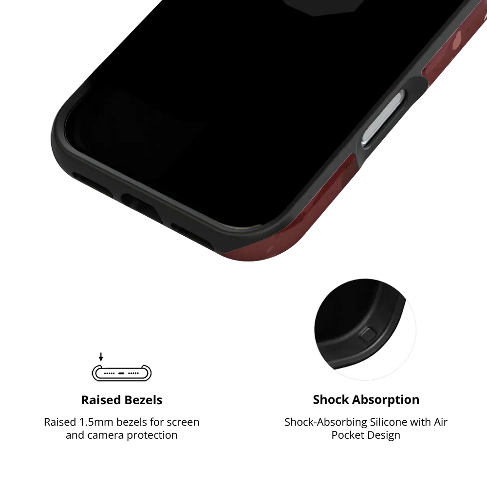 Crushed Merlot wine red terrazzo Tough iPhone case inner view showing shock-absorbing drop protection.