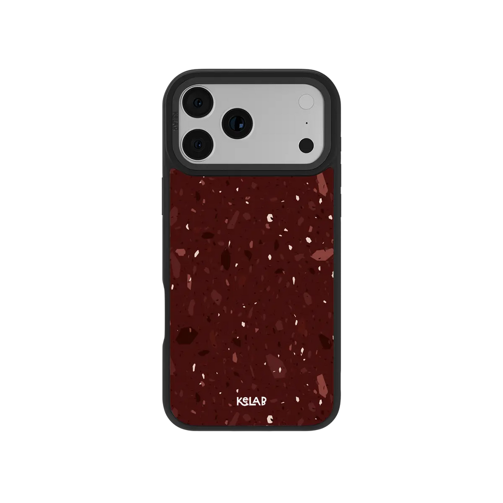 Burgundy terrazzo KELAB iPhone Case phone case with speckled texture and black frame