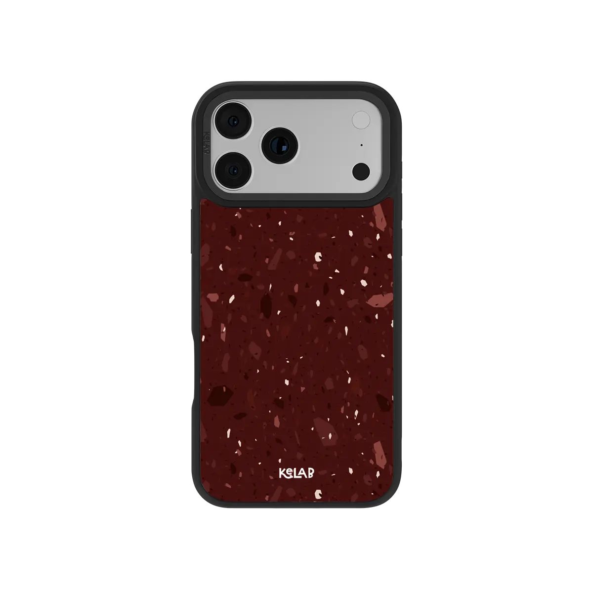 Burgundy terrazzo KELAB iPhone Case phone case with speckled texture and black frame