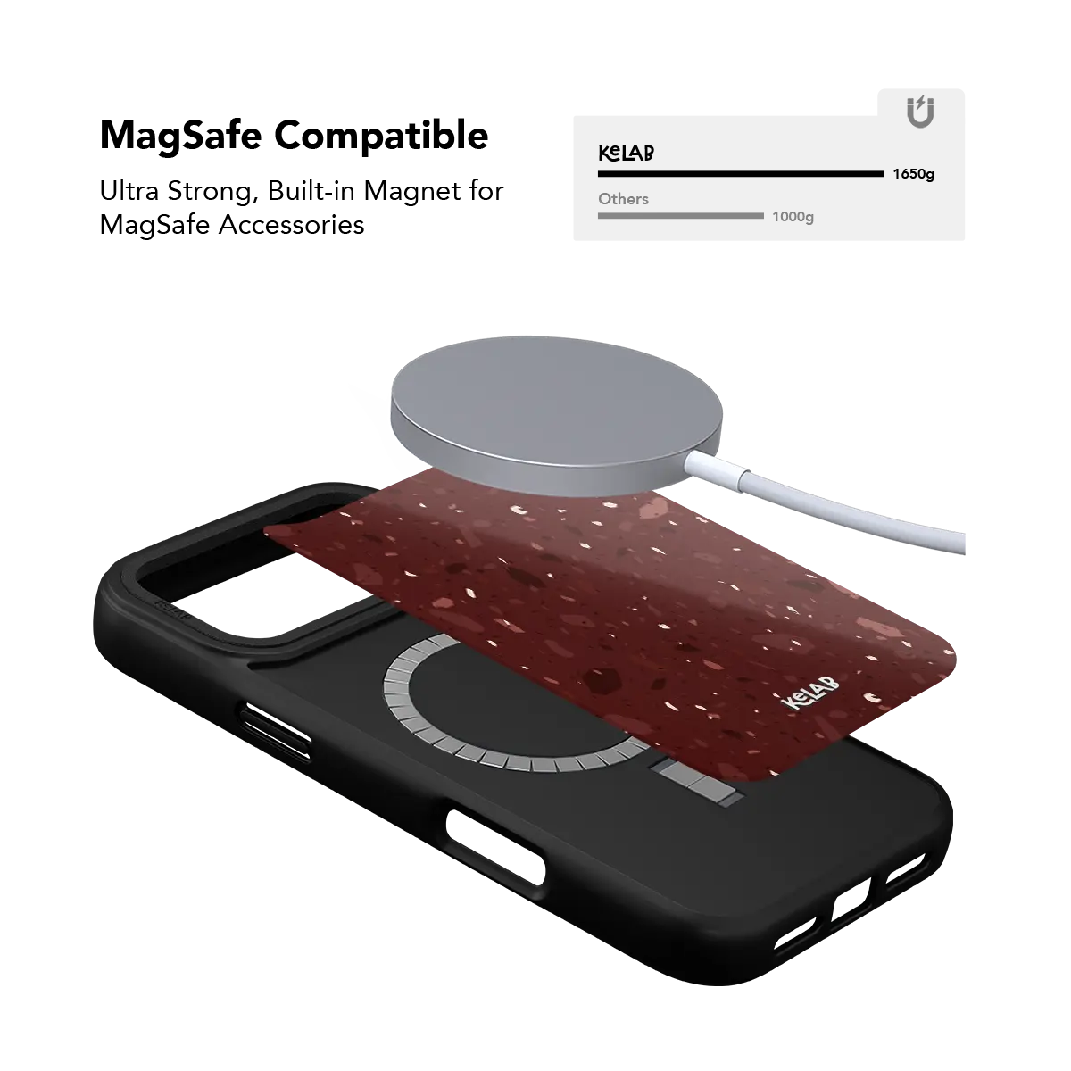 Burgundy KELAB iPhone Case with terrazzo speckle pattern and MagSafe back plate detail