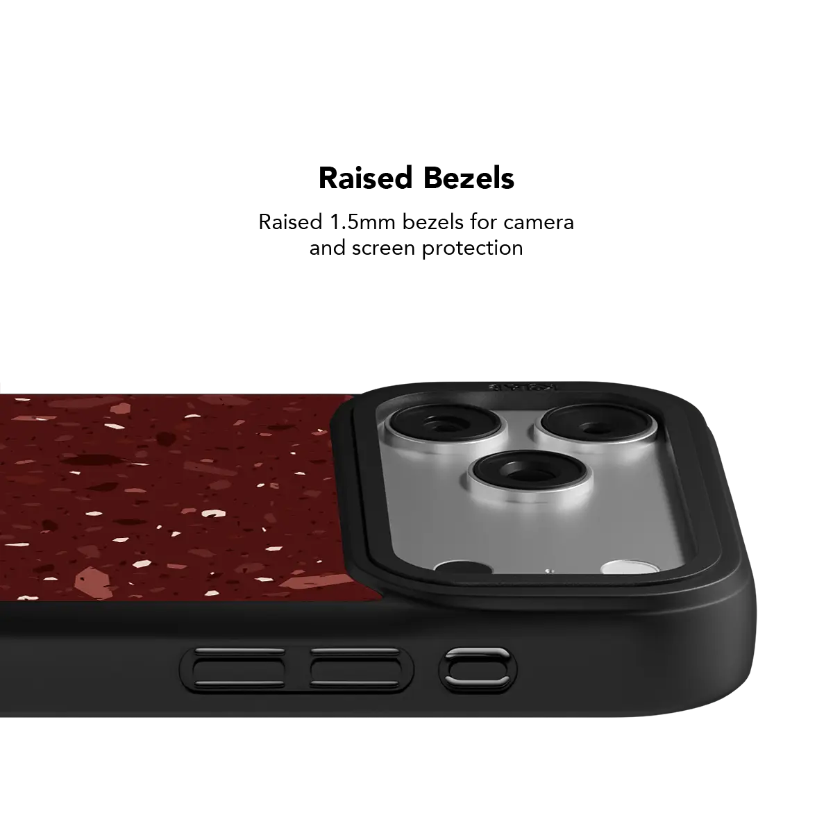 Burgundy KELAB iPhone Case with terrazzo pattern and triple camera openings on black border