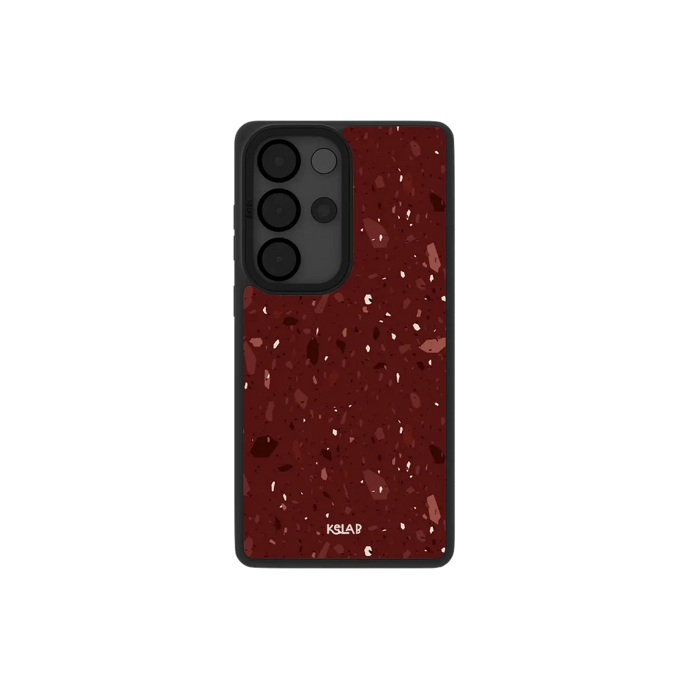 Burgundy terrazzo Samsung Galaxy case, back view with black and blush stone chips on wine red around the camera cutout
