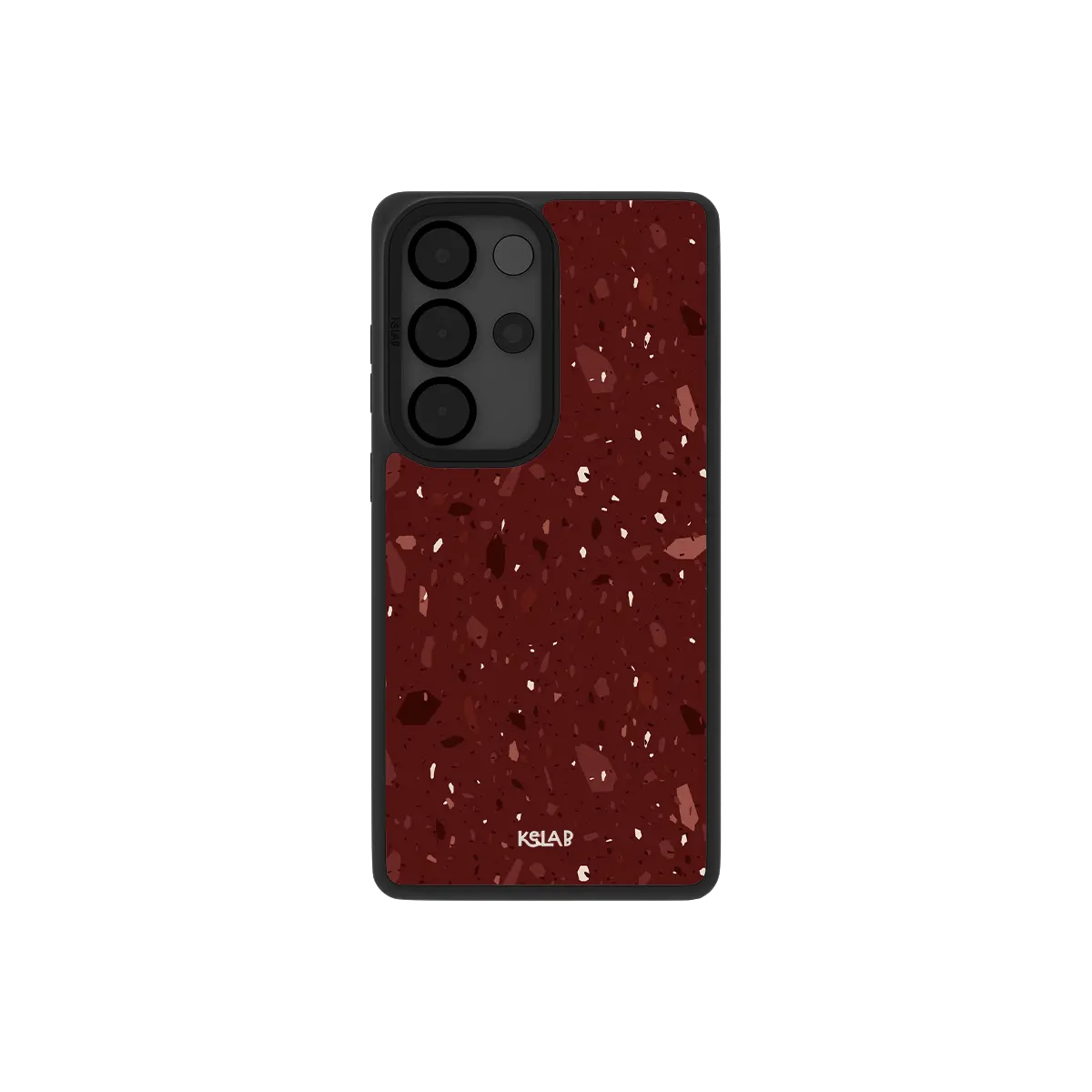 Burgundy terrazzo Samsung Galaxy case, back view with black and blush stone chips on wine red around the camera cutout
