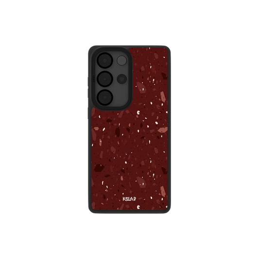 Burgundy terrazzo Samsung Galaxy case, back view with black and blush stone chips on wine red around the camera cutout