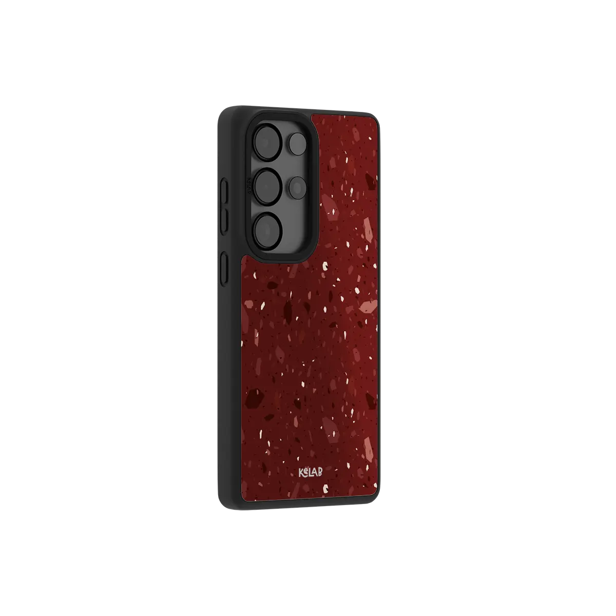 Burgundy terrazzo Samsung Galaxy case at a side angle showing the wrapped button covers