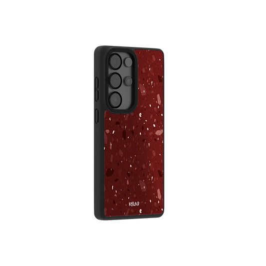 Burgundy terrazzo Samsung Galaxy case at a side angle showing the wrapped button covers