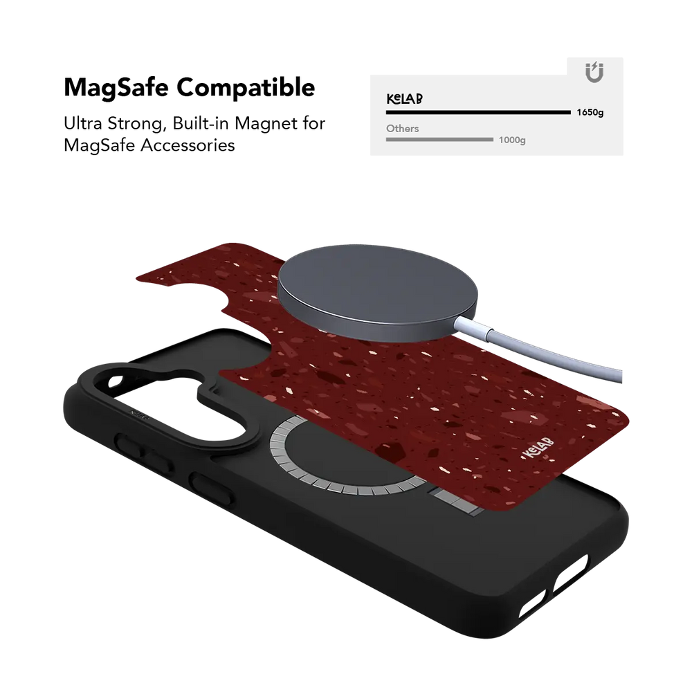 Burgundy terrazzo Samsung Galaxy case holding a magnetic wireless charger through the built in ring