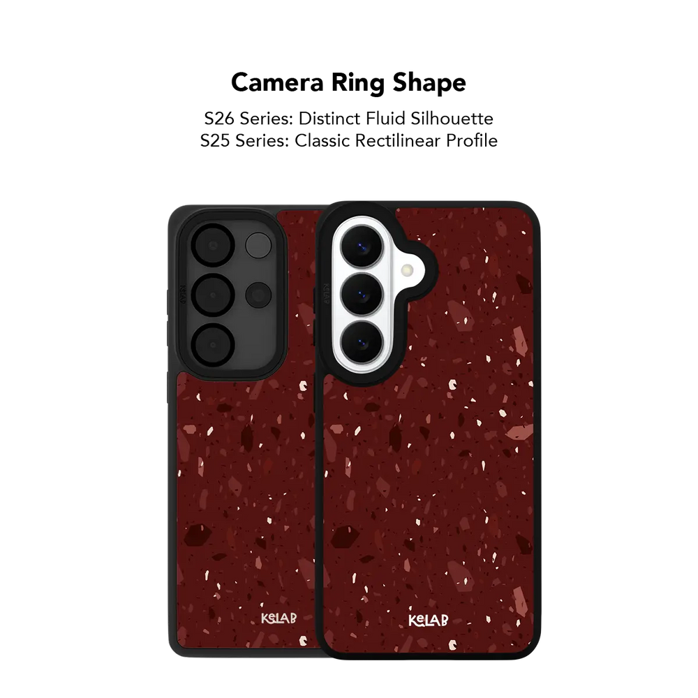 Close up of the camera ring cutout on the burgundy terrazzo Samsung Galaxy case