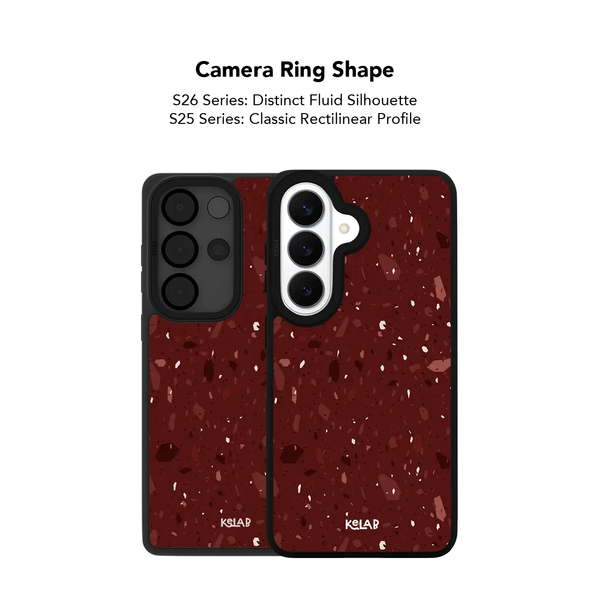 Close up of the camera ring cutout on the burgundy terrazzo Samsung Galaxy case