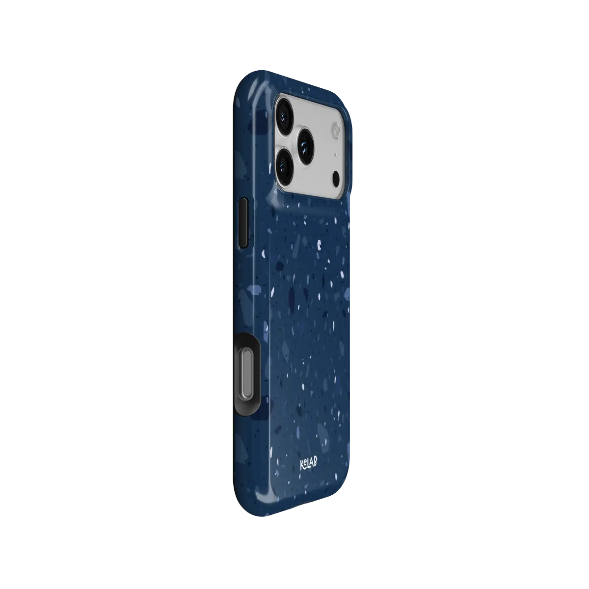 Cosmos Speckle midnight blue terrazzo Tough iPhone case, side view showing the pattern wrapped around the shell.