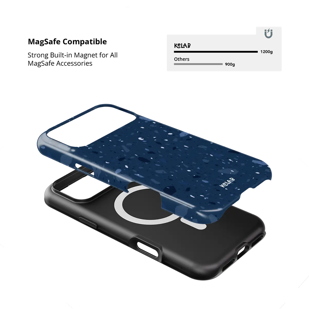 Cosmos Speckle midnight blue terrazzo Tough iPhone case with built-in strong MagSafe magnets.