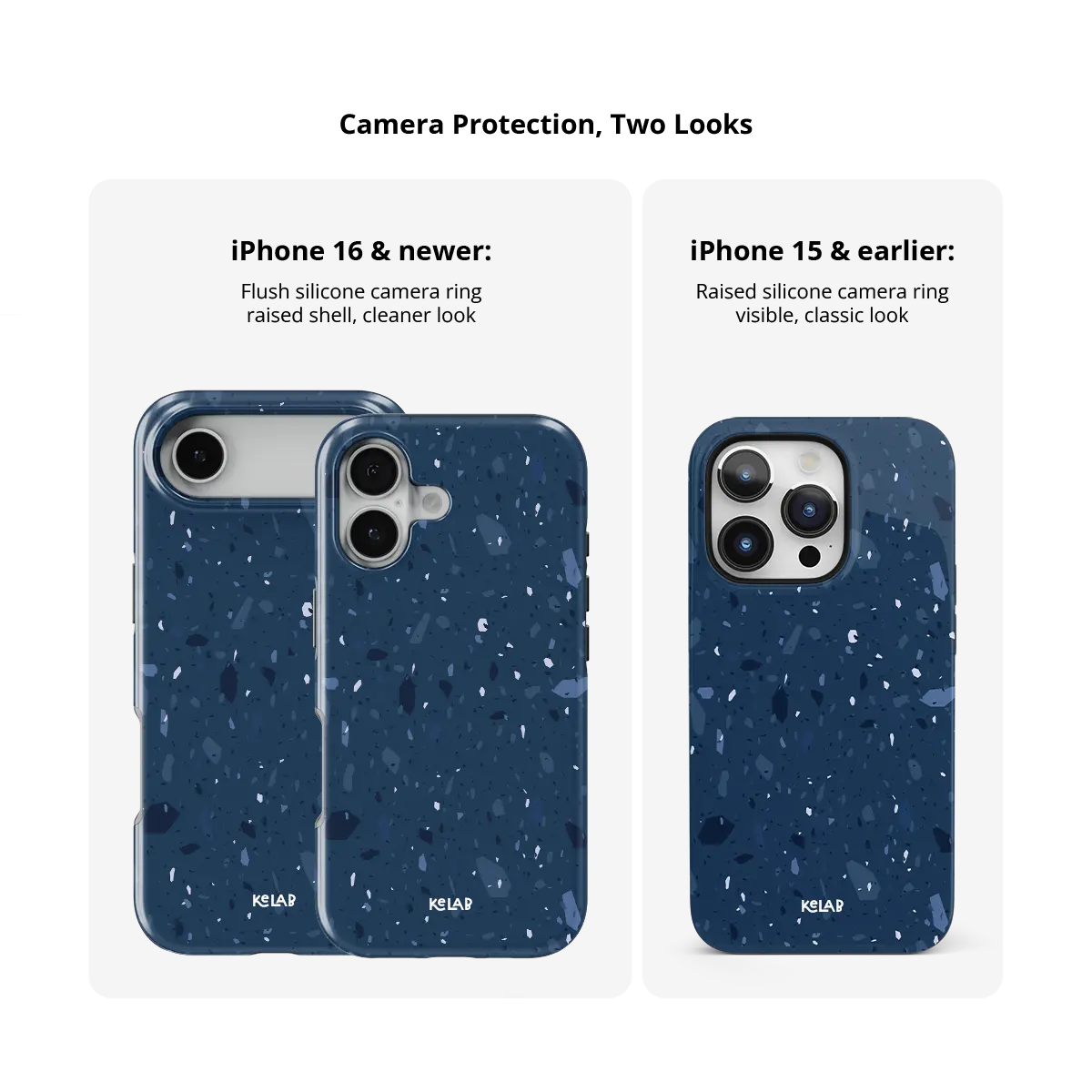 Cosmos Speckle midnight blue terrazzo Tough iPhone case size comparison across iPhone 15 to 18 models.