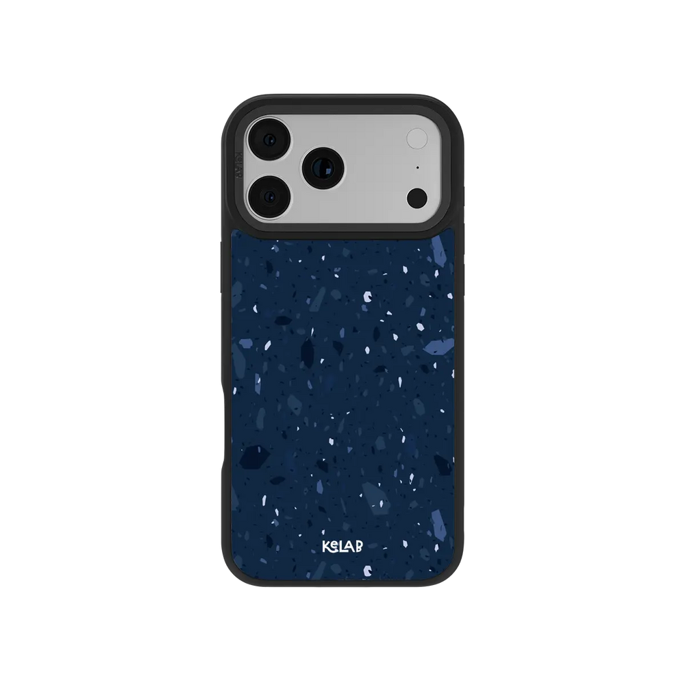 Navy blue KELAB iPhone Case with dark blue terrazzo star pattern protective shell