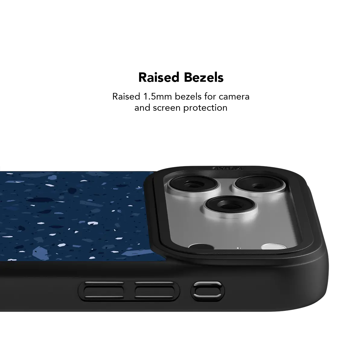 Bold blue and black KELAB iPhone Case with starry terrazzo pattern and raised lens covers