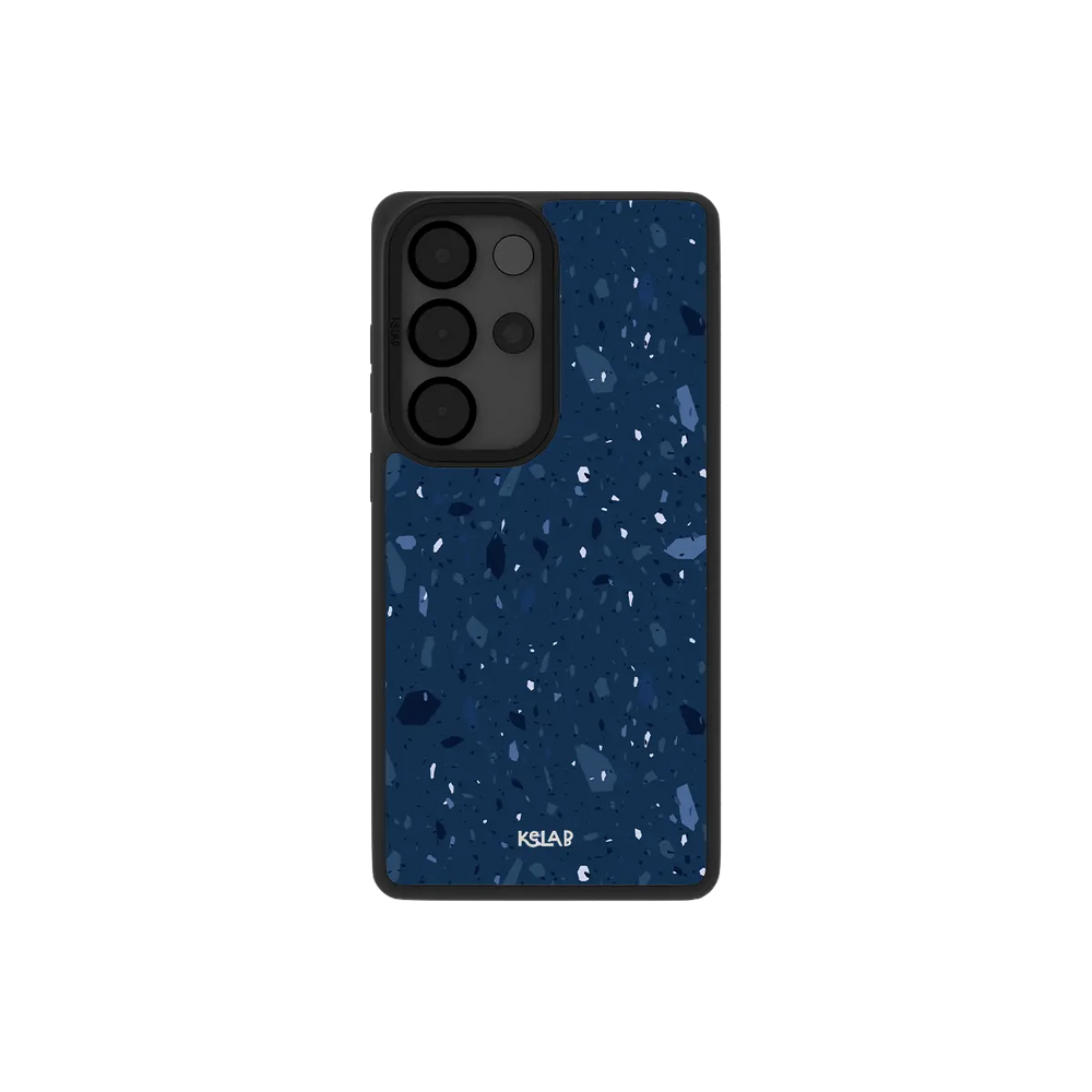 Navy terrazzo Samsung Galaxy case, back view with periwinkle stone chips on midnight blue around the camera cutout