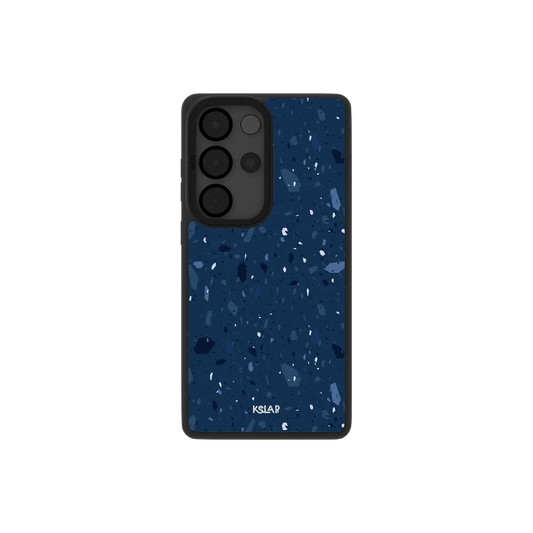 Navy terrazzo Samsung Galaxy case, back view with periwinkle stone chips on midnight blue around the camera cutout