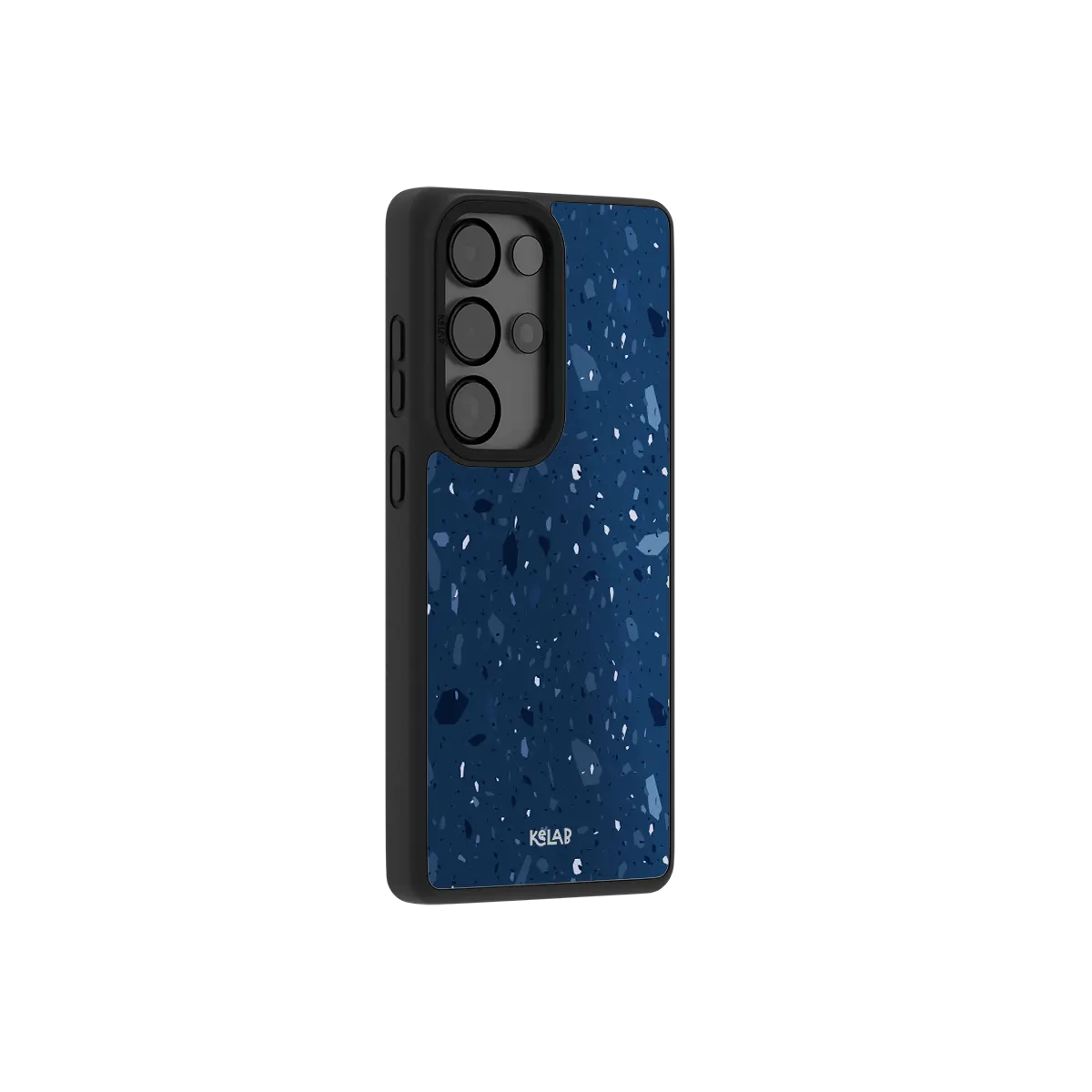 Navy terrazzo Samsung Galaxy case at a side angle showing the wrapped button covers