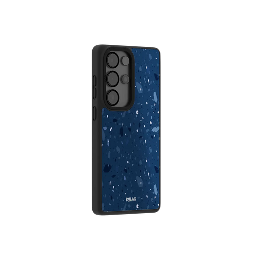 Navy terrazzo Samsung Galaxy case at a side angle showing the wrapped button covers