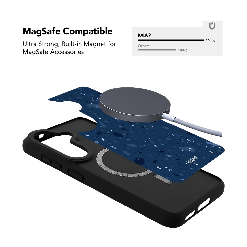 Navy terrazzo Samsung Galaxy case holding a magnetic wireless charger through the built in ring