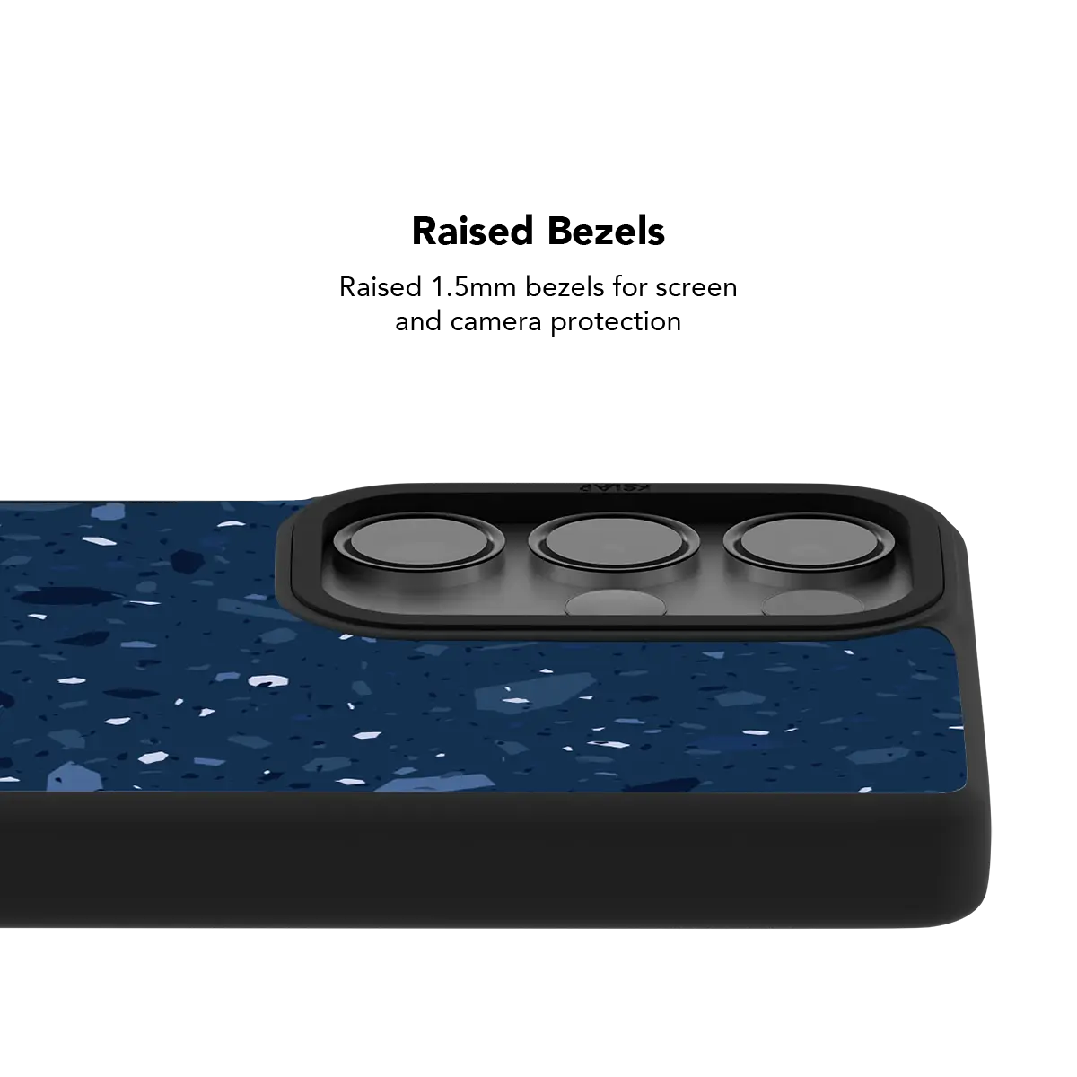 Raised bezel on the navy terrazzo Galaxy case lifting the camera lenses clear of a flat surface