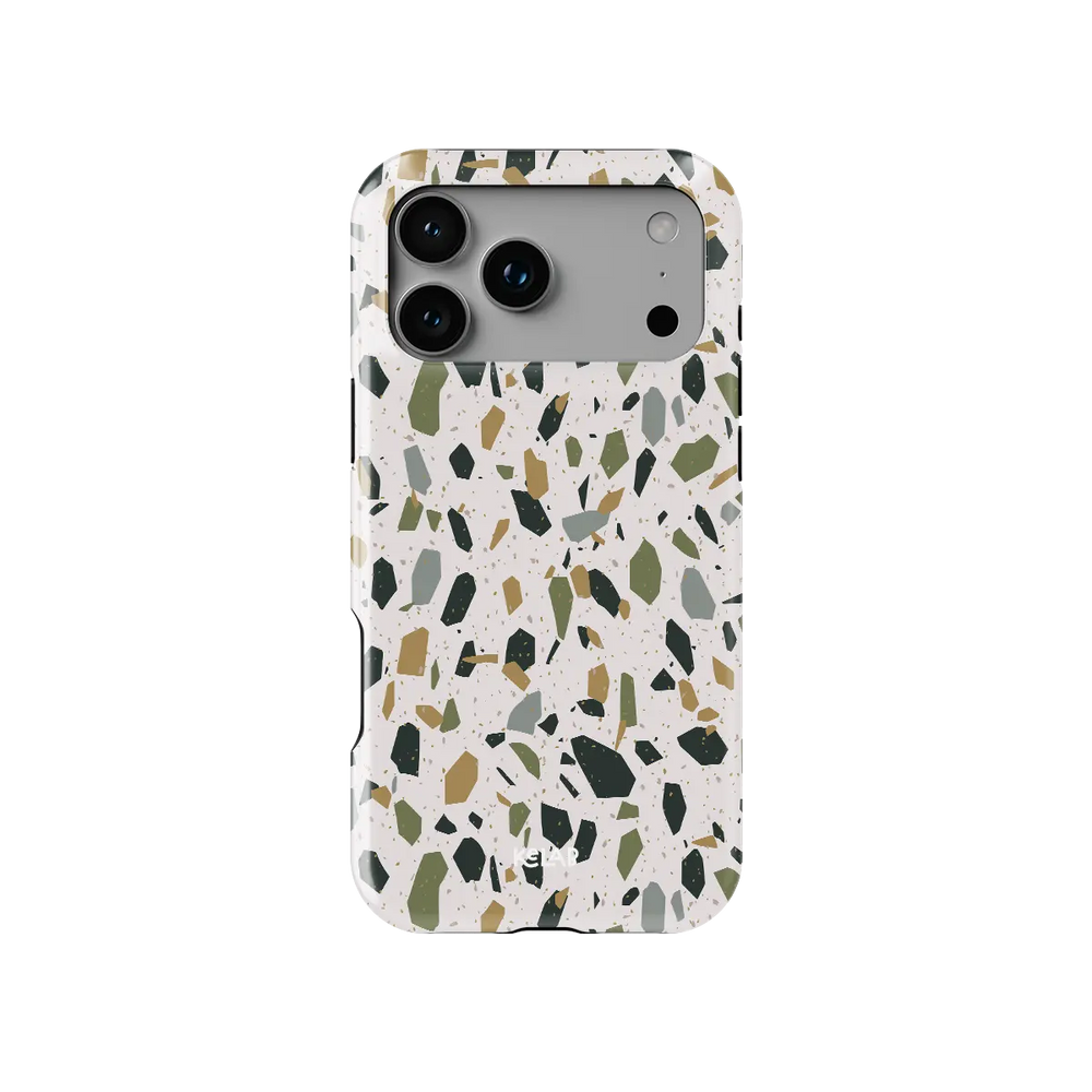 Pistachio Cream white terrazzo Tough iPhone case, front view showing the pattern.