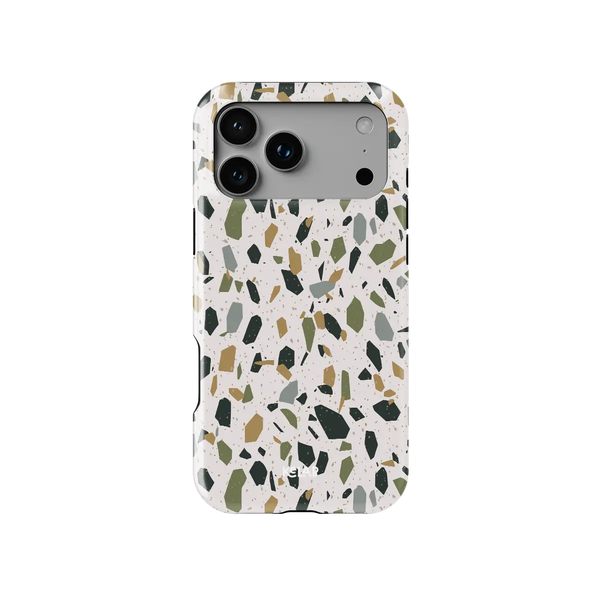 Pistachio Cream white terrazzo Tough iPhone case, front view showing the pattern.