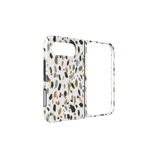 White Terrazzo, Neutral Speckled Stone iPhone 18 Fold Case, unfolded side view showing the hinge
