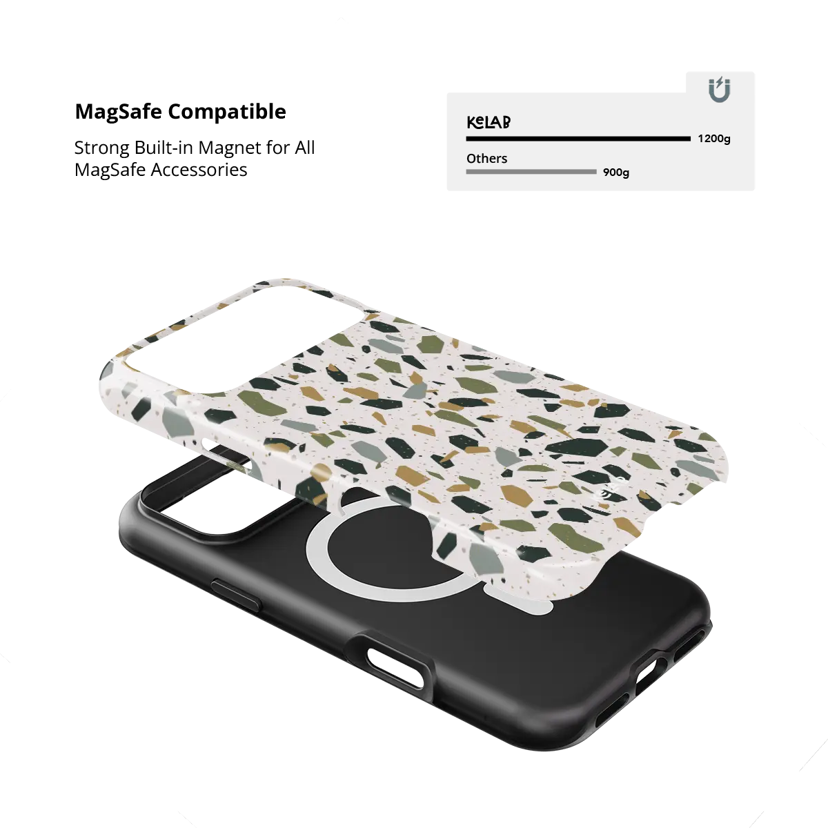 Pistachio Cream white terrazzo Tough iPhone case with built-in strong MagSafe magnets.
