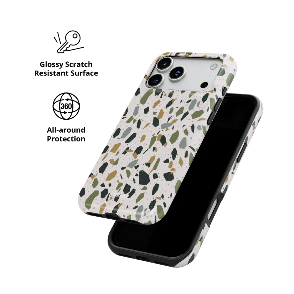 Pistachio Cream white terrazzo Tough iPhone case with glossy, scratch resistant all-around protection.