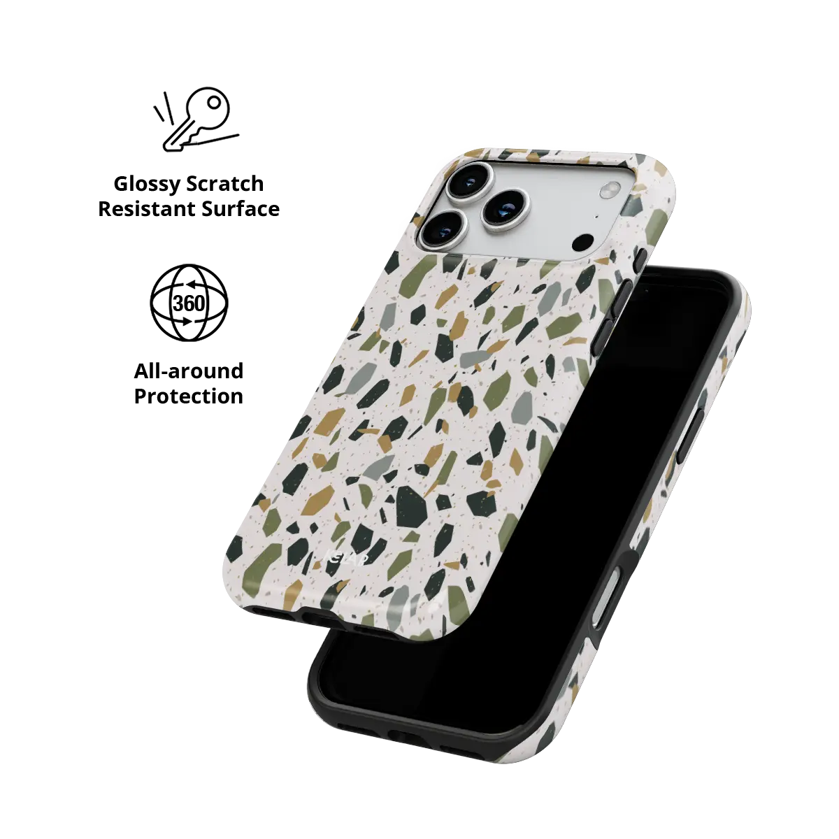 Pistachio Cream white terrazzo Tough iPhone case with glossy, scratch resistant all-around protection.