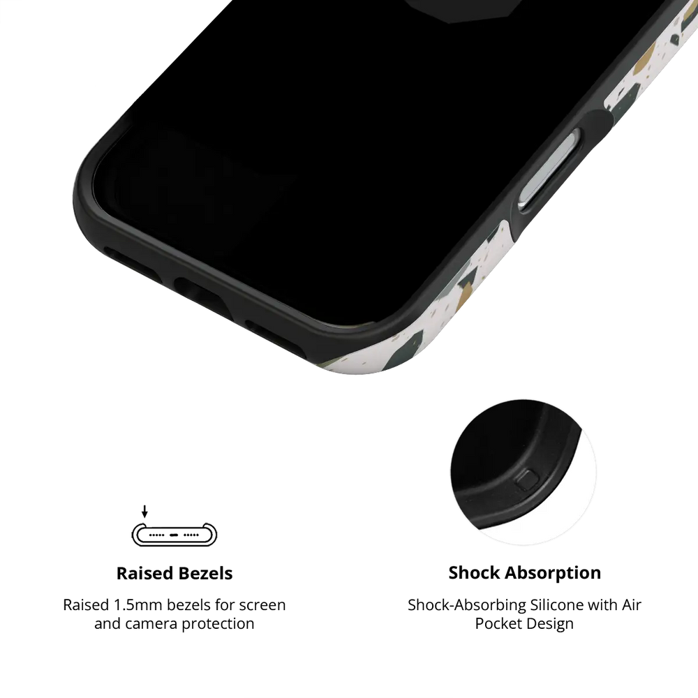 Pistachio Cream white terrazzo Tough iPhone case inner view showing shock-absorbing drop protection.