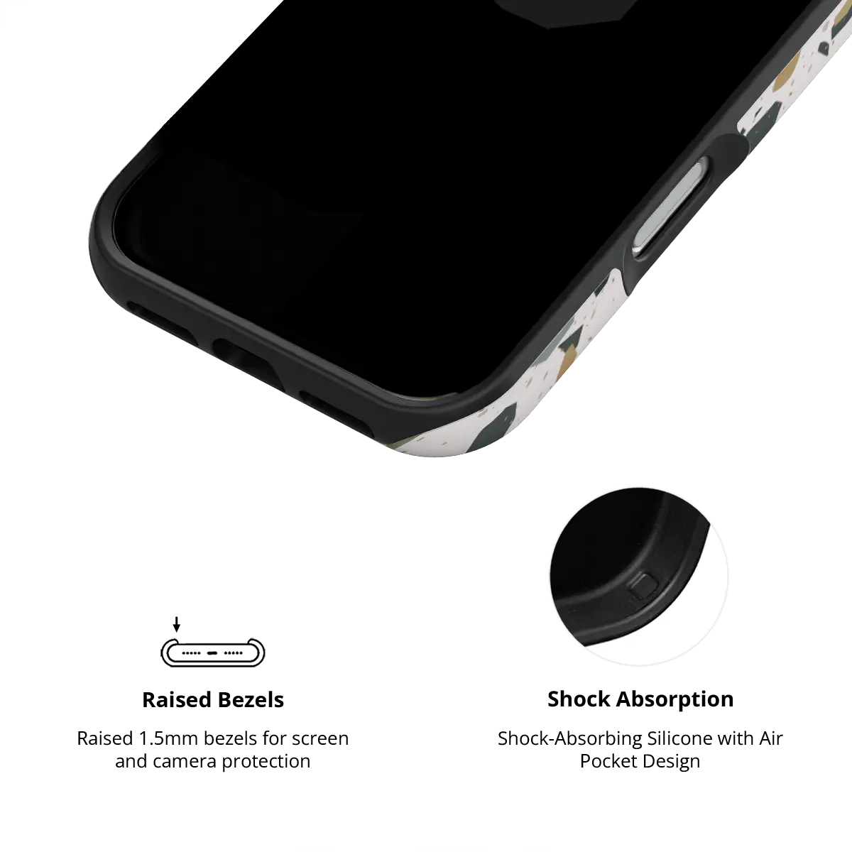 Pistachio Cream white terrazzo Tough iPhone case inner view showing shock-absorbing drop protection.