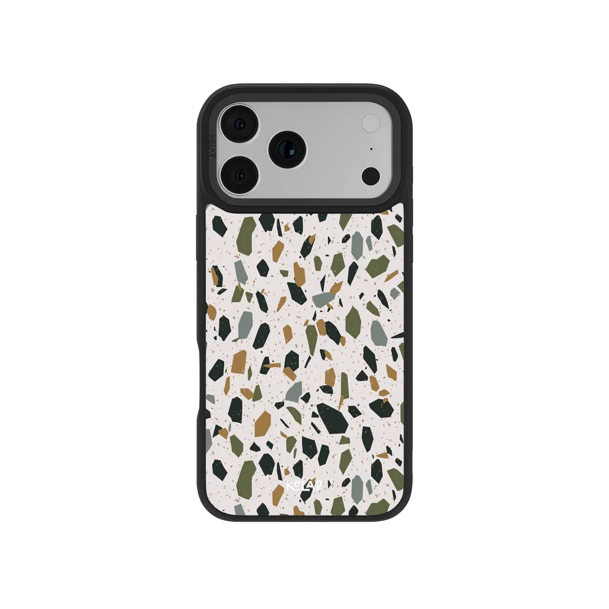 iPhone Case by KELAB with ivory terrazzo speckled pattern and dark green gold flecks