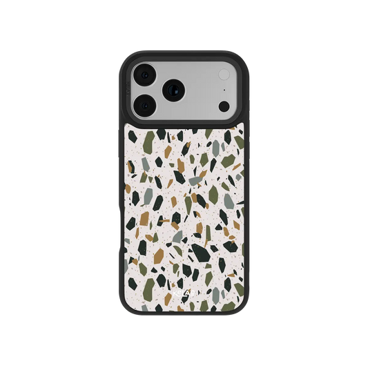 iPhone Case by KELAB with ivory terrazzo speckled pattern and dark green gold flecks