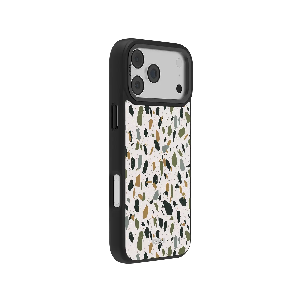 KELAB iPhone Case ivory terrazzo speckled pattern with green and tan flecks on phone back