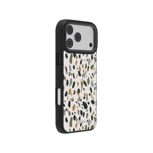 KELAB iPhone Case ivory terrazzo speckled pattern with green and tan flecks on phone back