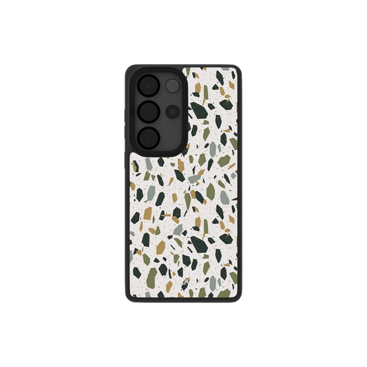 White terrazzo Samsung Galaxy case, back view with colorful stone chip speckles on cream around the camera cutout