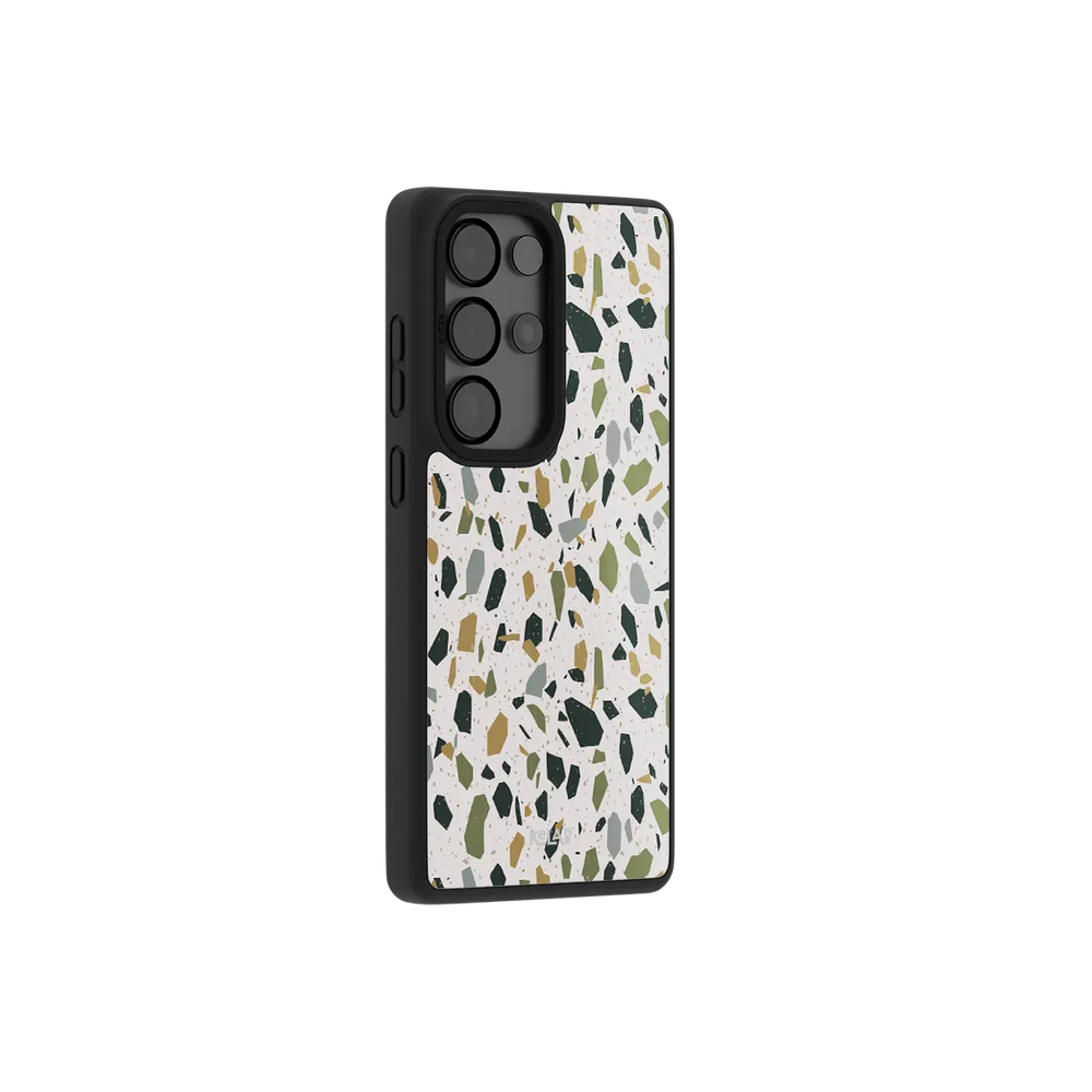 White terrazzo Samsung Galaxy case at a side angle showing the wrapped button covers