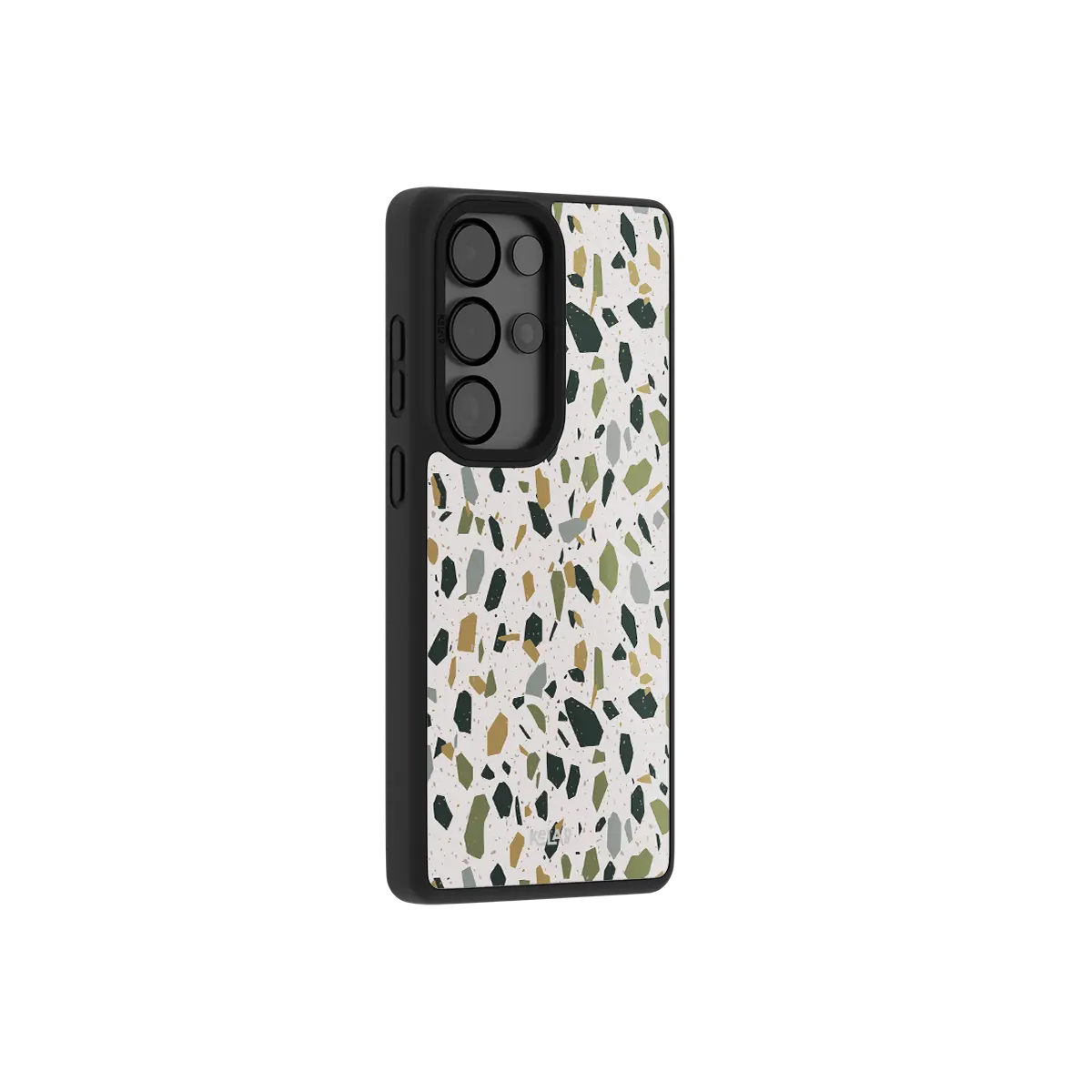 White terrazzo Samsung Galaxy case at a side angle showing the wrapped button covers
