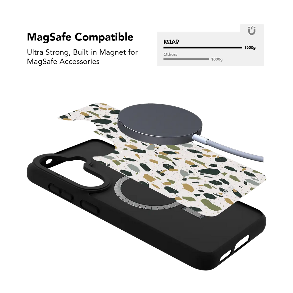 White terrazzo Samsung Galaxy case holding a magnetic wireless charger through the built in ring