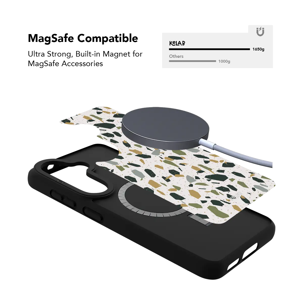 White terrazzo Samsung Galaxy case holding a magnetic wireless charger through the built in ring