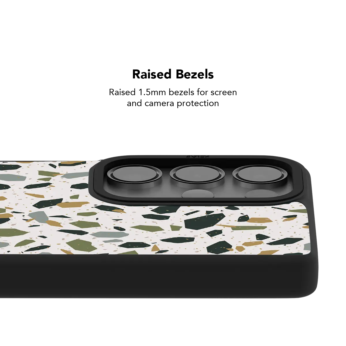 Raised bezel on the white terrazzo Galaxy case lifting the camera lenses clear of a flat surface