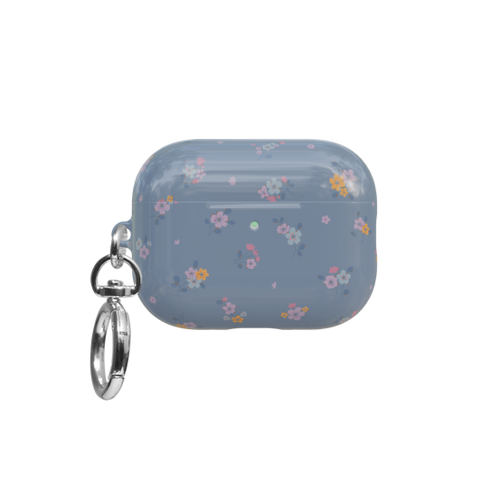 Pastel Blue Floral Cottagecore airpods pro case front view with closed lid and keychain