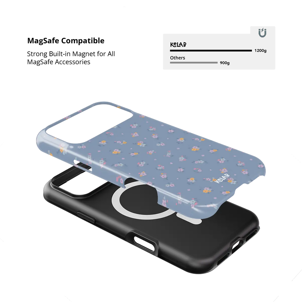 Tiny Meadow pastel blue floral Tough iPhone case with built-in strong MagSafe magnets.