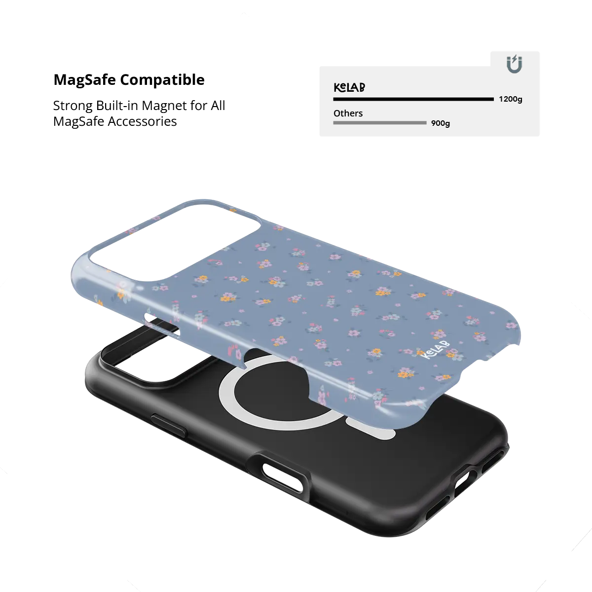 Tiny Meadow pastel blue floral Tough iPhone case with built-in strong MagSafe magnets.