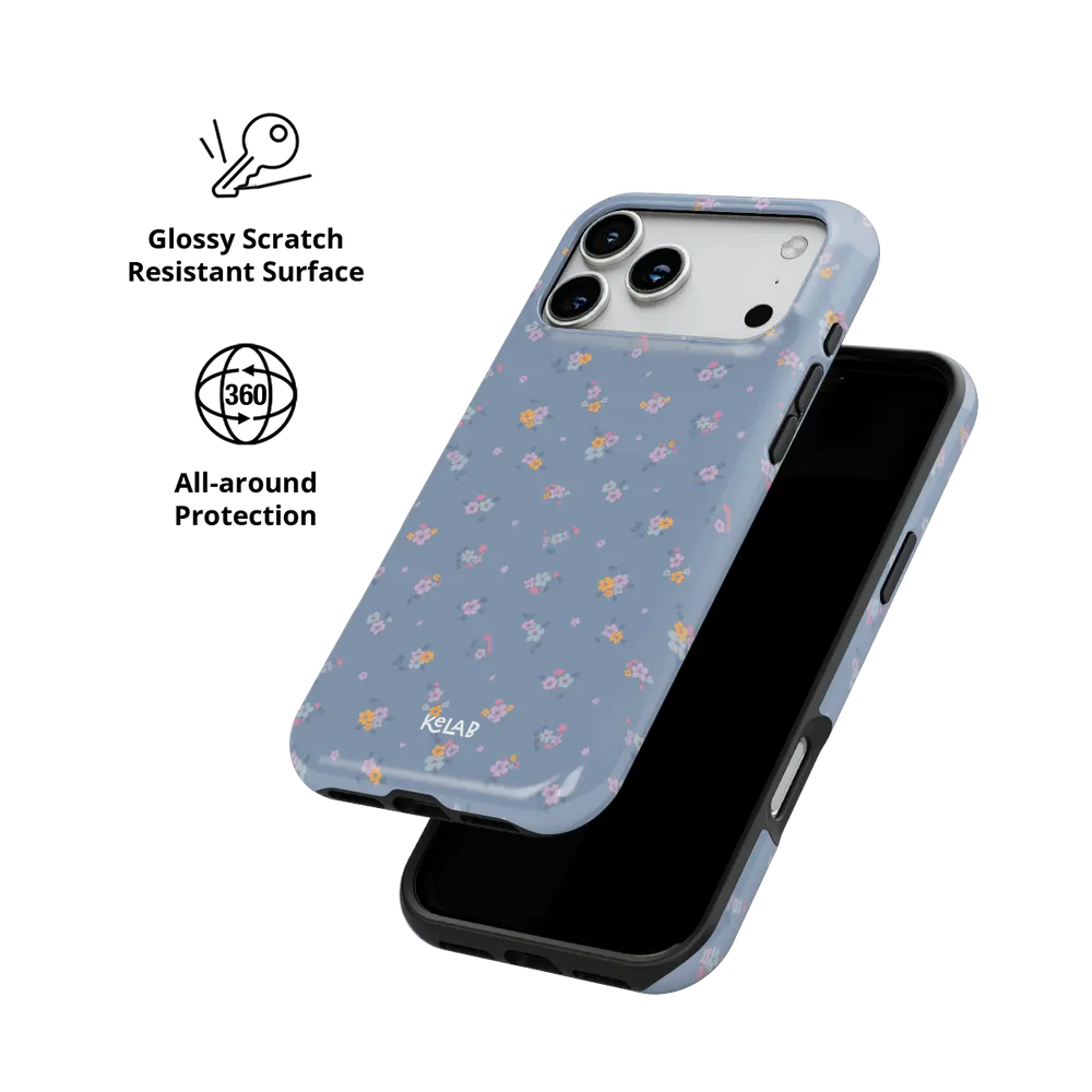 Tiny Meadow pastel blue floral Tough iPhone case with glossy, scratch resistant all-around protection.