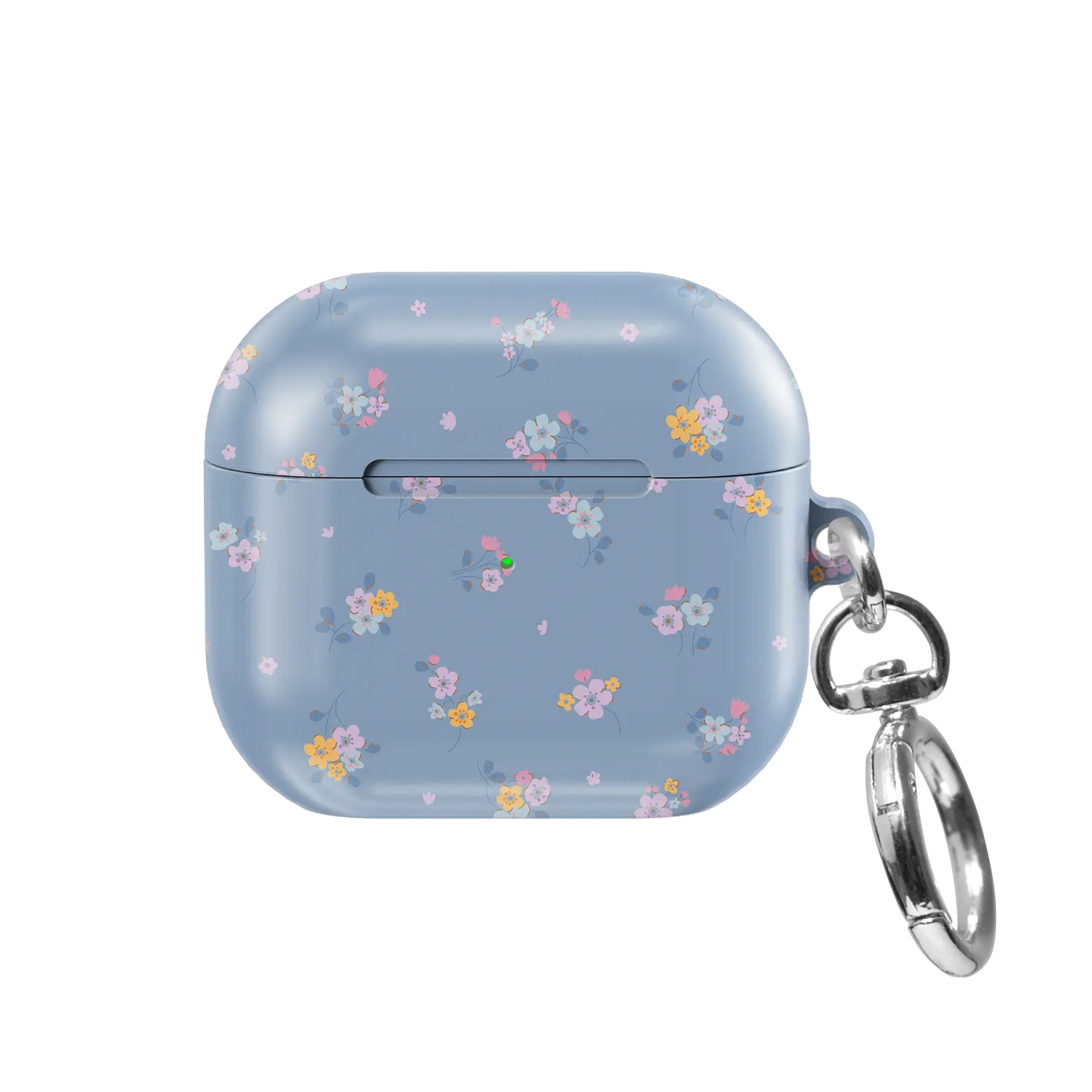 Tiny Meadow AirPods case — front view showing dainty pastel wildflower pattern with keychain clasp
