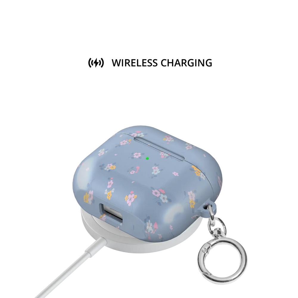 Pastel Blue Floral Cottagecore AirPods Case, on wireless charger