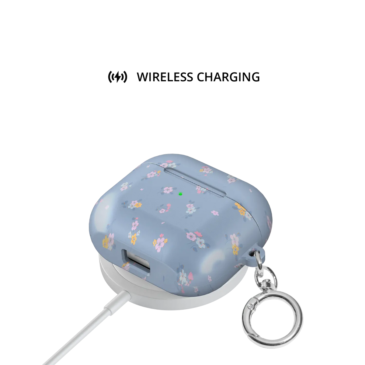 Pastel Blue Floral Cottagecore AirPods Case, on wireless charger