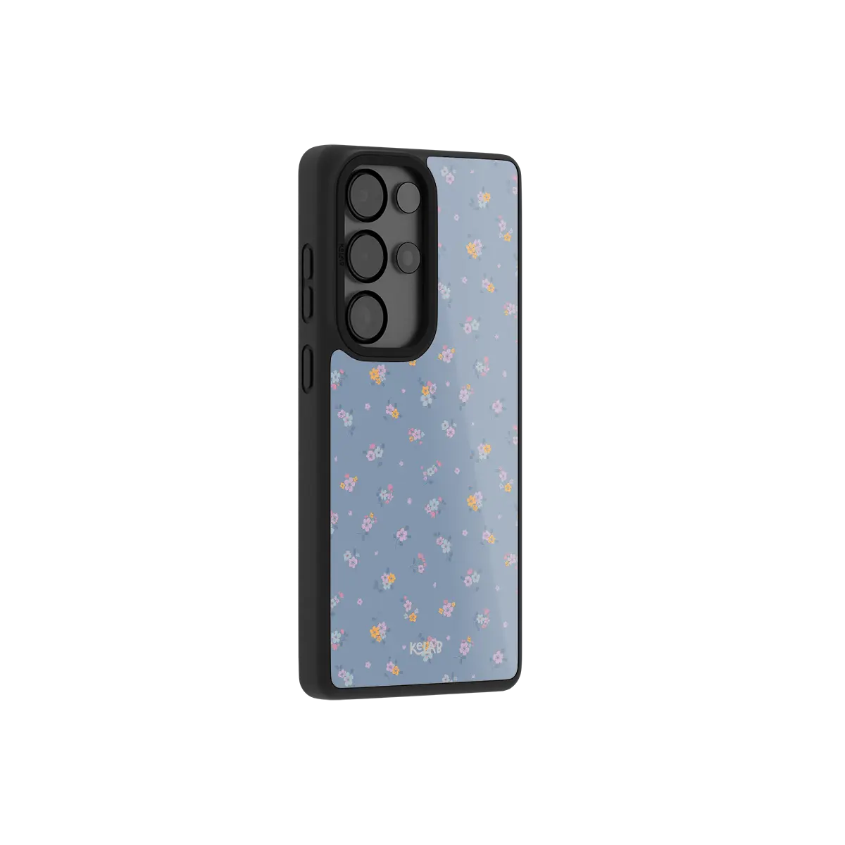Pastel blue floral Samsung Galaxy case at a side angle showing the wrapped button covers